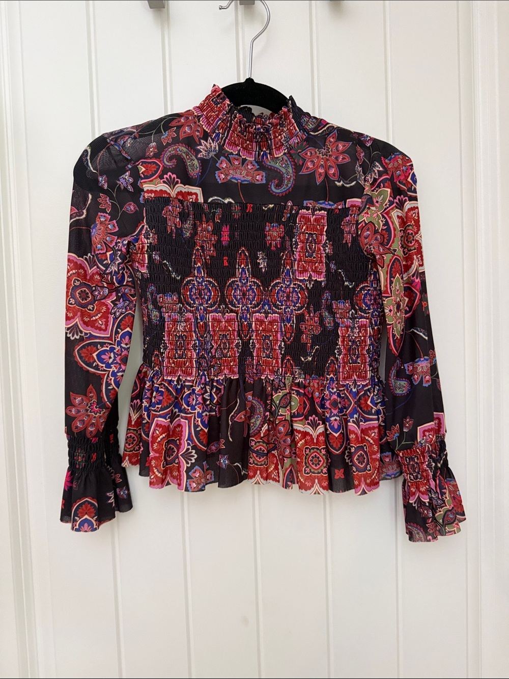 Chelsea & Violet Black Smocked Paisley Ruffle Neck Blouse
